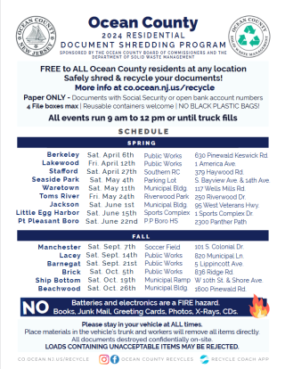Flyer Listing Ocean County Paper Shredding Locations for 2024