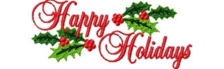 Happy Holidays in red letterng with holly sprigs