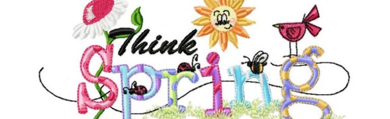 think spring phrase with sun, butterflies and flowers